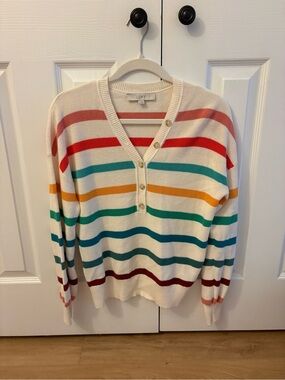 LOFT Cream V-Neck Sweater with Multicolor Stripes